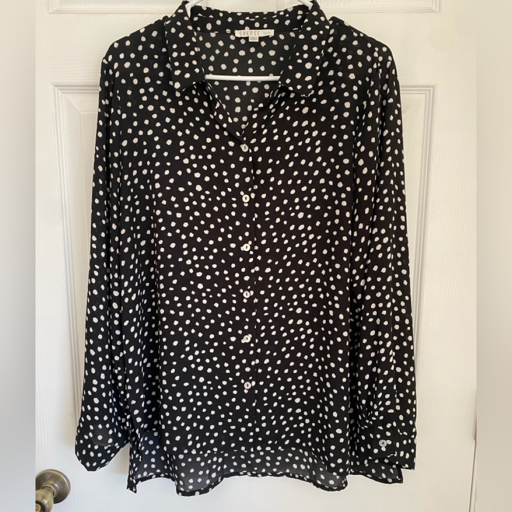 Spense Black and White Polka Dot Button-Down Shirt